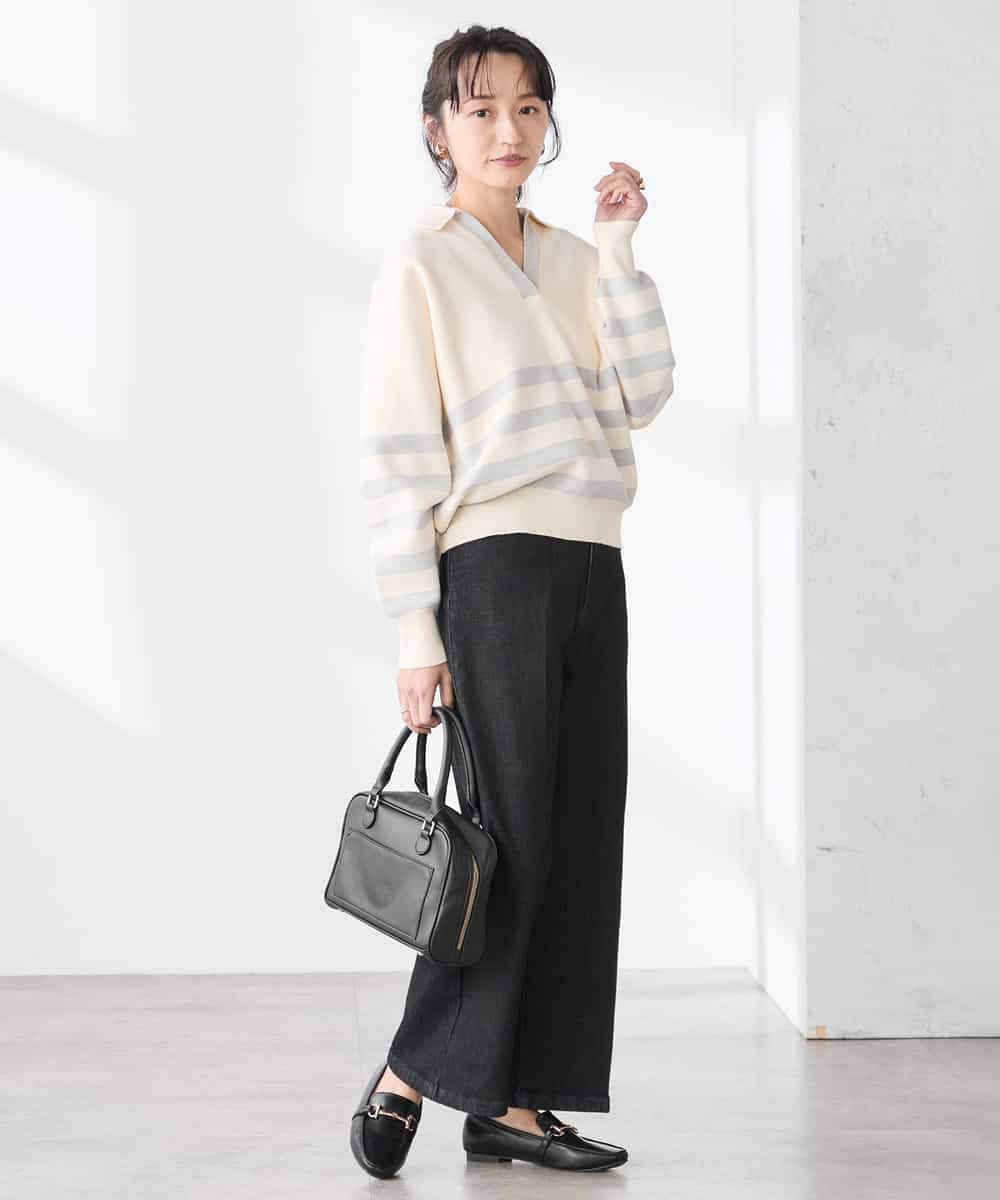 K3FDD07059 a.v.v Elmi(アー・ヴェ・ヴェ) 【低身長サイズ】ヘンリーネックボーダーニット アイボリー