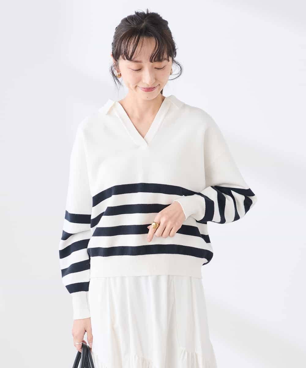 K3FDD07059 a.v.v Elmi(アー・ヴェ・ヴェ) 【低身長サイズ】ヘンリーネックボーダーニット アイボリー