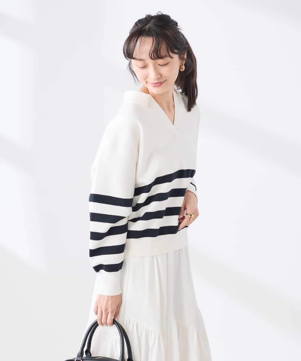 K3FDD07059 a.v.v Elmi(アー・ヴェ・ヴェ) 【低身長サイズ】ヘンリーネックボーダーニット アイボリー