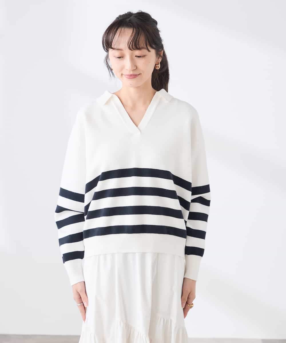 K3FDD07059 a.v.v Elmi(アー・ヴェ・ヴェ) 【低身長サイズ】ヘンリーネックボーダーニット アイボリー