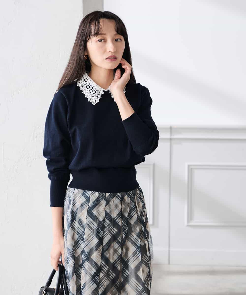 K3FED10049 a.v.v Elmi(アー・ヴェ・ヴェ) 【低身長サイズ】【2WAY】レース衿付ニットプルオーバー ネイビー