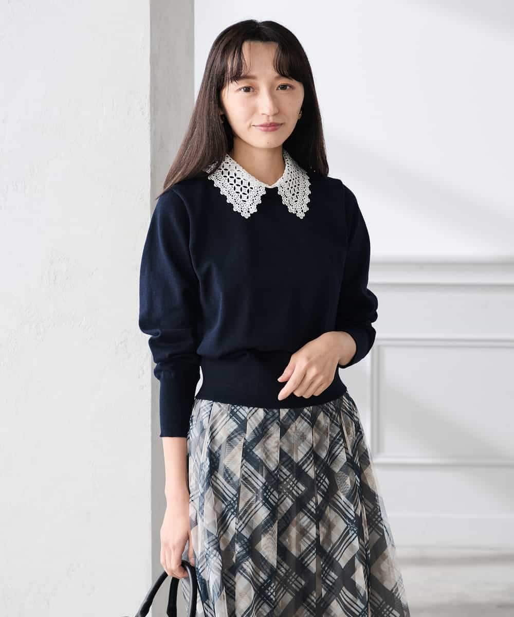 K3FED10049 a.v.v Elmi(アー・ヴェ・ヴェ) 【低身長サイズ】【2WAY】レース衿付ニットプルオーバー ネイビー