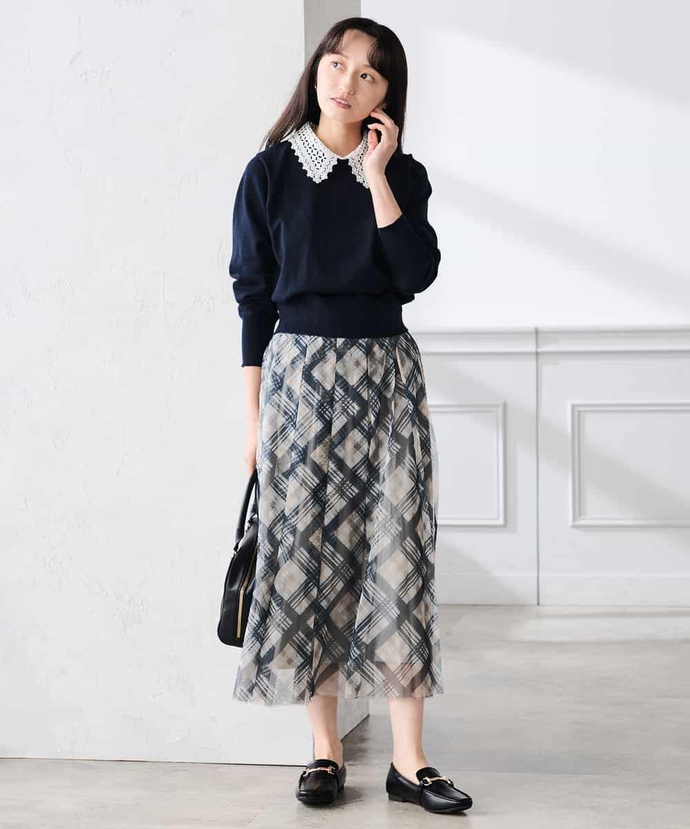 K3FED10049 a.v.v Elmi(アー・ヴェ・ヴェ) 【低身長サイズ】【2WAY】レース衿付ニットプルオーバー ネイビー