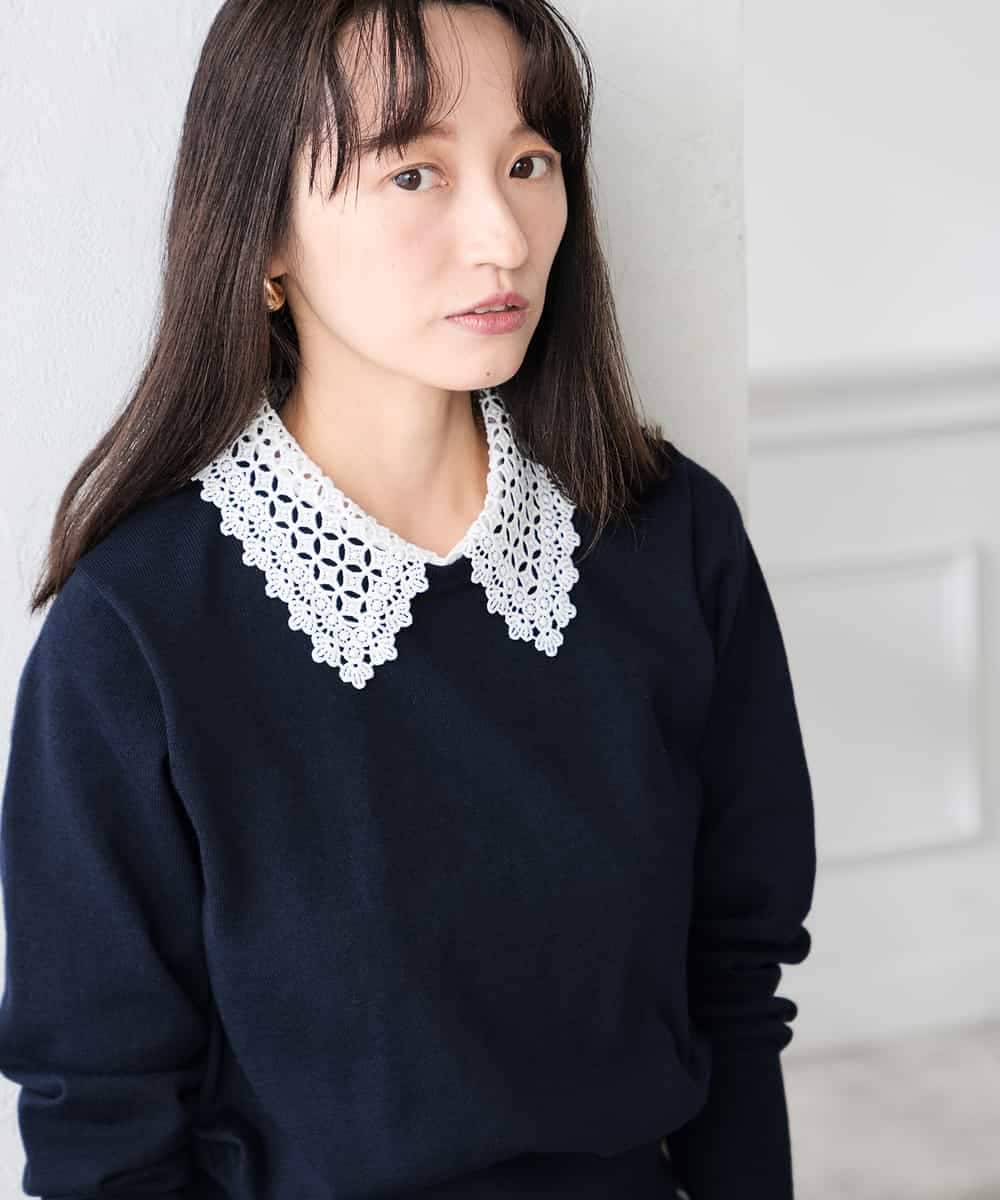 K3FED10049 a.v.v Elmi(アー・ヴェ・ヴェ) 【低身長サイズ】【2WAY】レース衿付ニットプルオーバー ネイビー