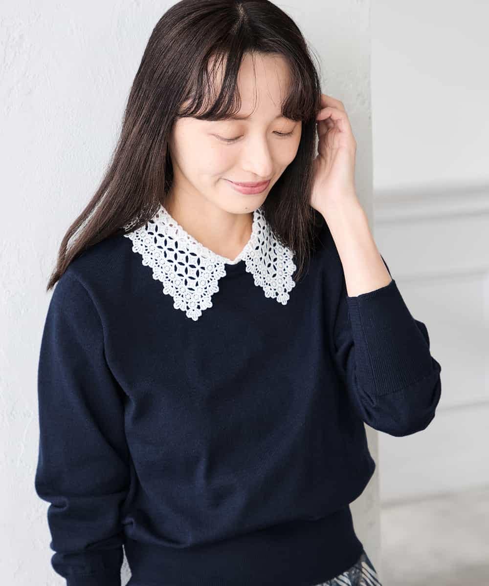 K3FED10049 a.v.v Elmi(アー・ヴェ・ヴェ) 【低身長サイズ】【2WAY】レース衿付ニットプルオーバー ネイビー