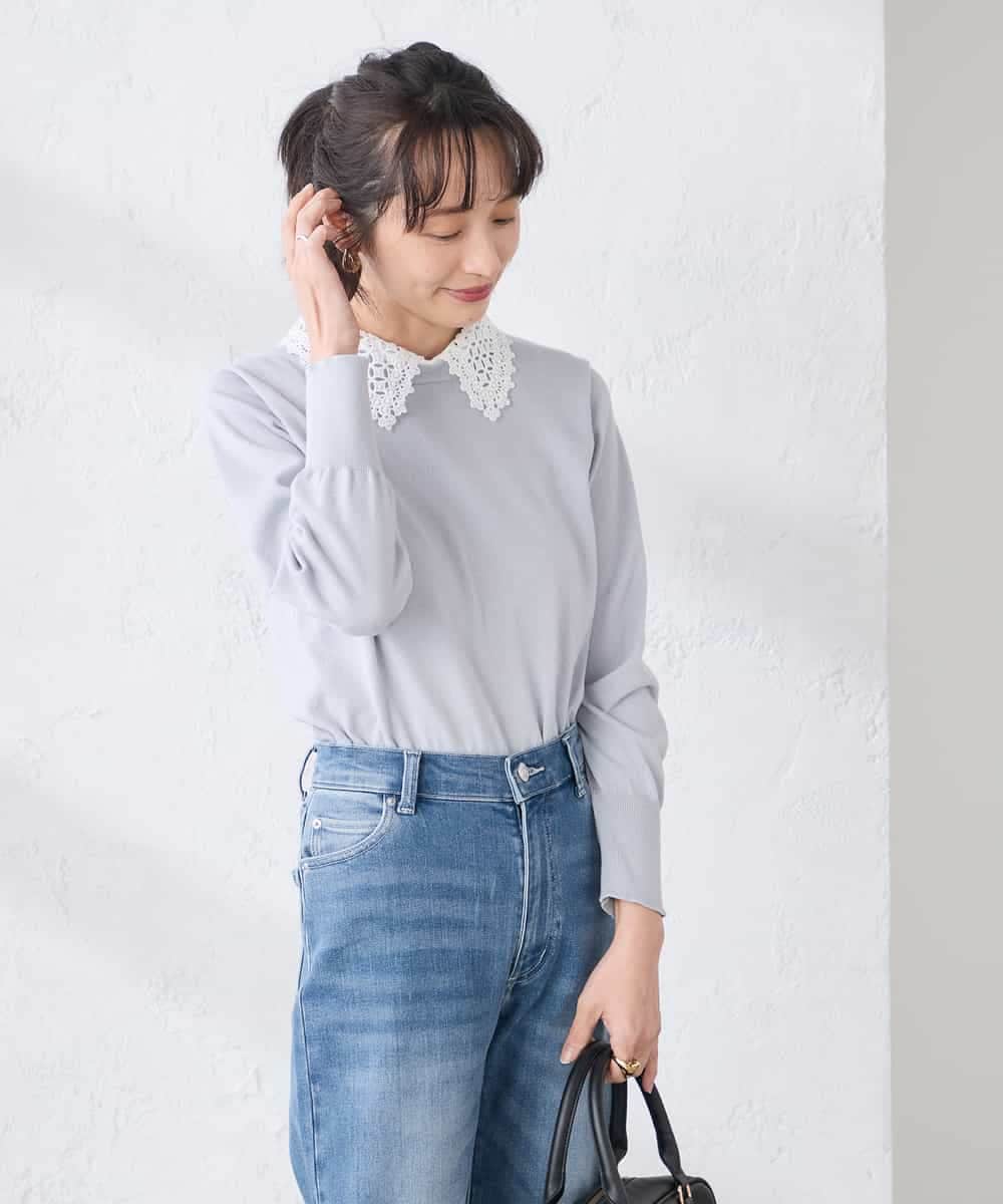 K3FED10049 a.v.v Elmi(アー・ヴェ・ヴェ) 【低身長サイズ】【2WAY】レース衿付ニットプルオーバー ネイビー