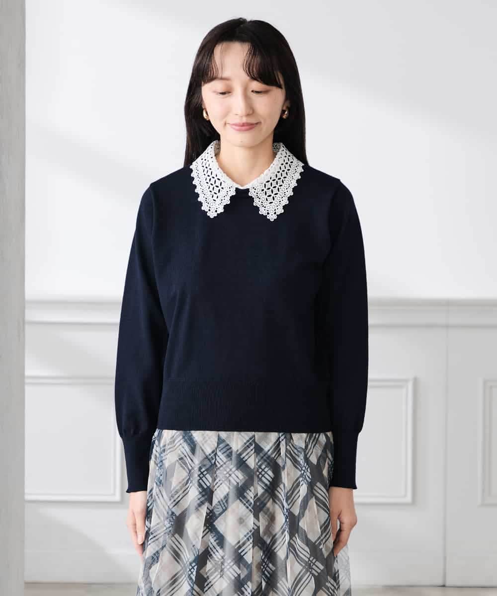 K3FED10049 a.v.v Elmi(アー・ヴェ・ヴェ) 【低身長サイズ】【2WAY】レース衿付ニットプルオーバー ネイビー