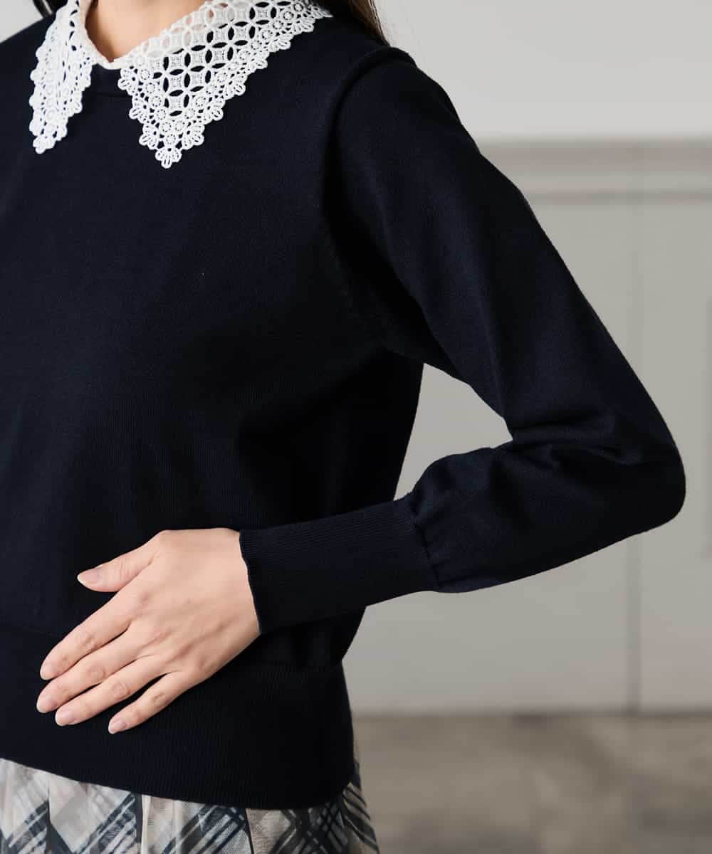 K3FED10049 a.v.v Elmi(アー・ヴェ・ヴェ) 【低身長サイズ】【2WAY】レース衿付ニットプルオーバー ネイビー