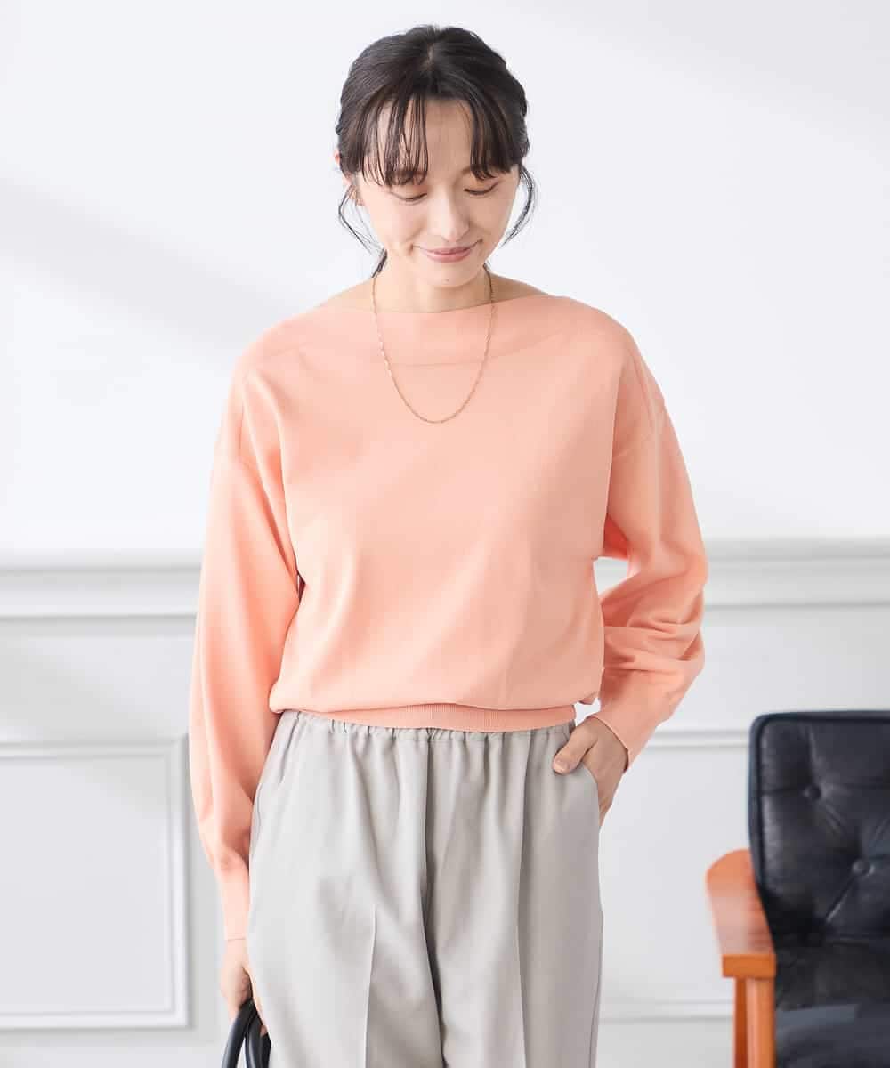 K3FED11044 a.v.v Elmi(アー・ヴェ・ヴェ) 【低身長サイズ】【洗える/UVカット】ボートネック袖タックニット オレンジ