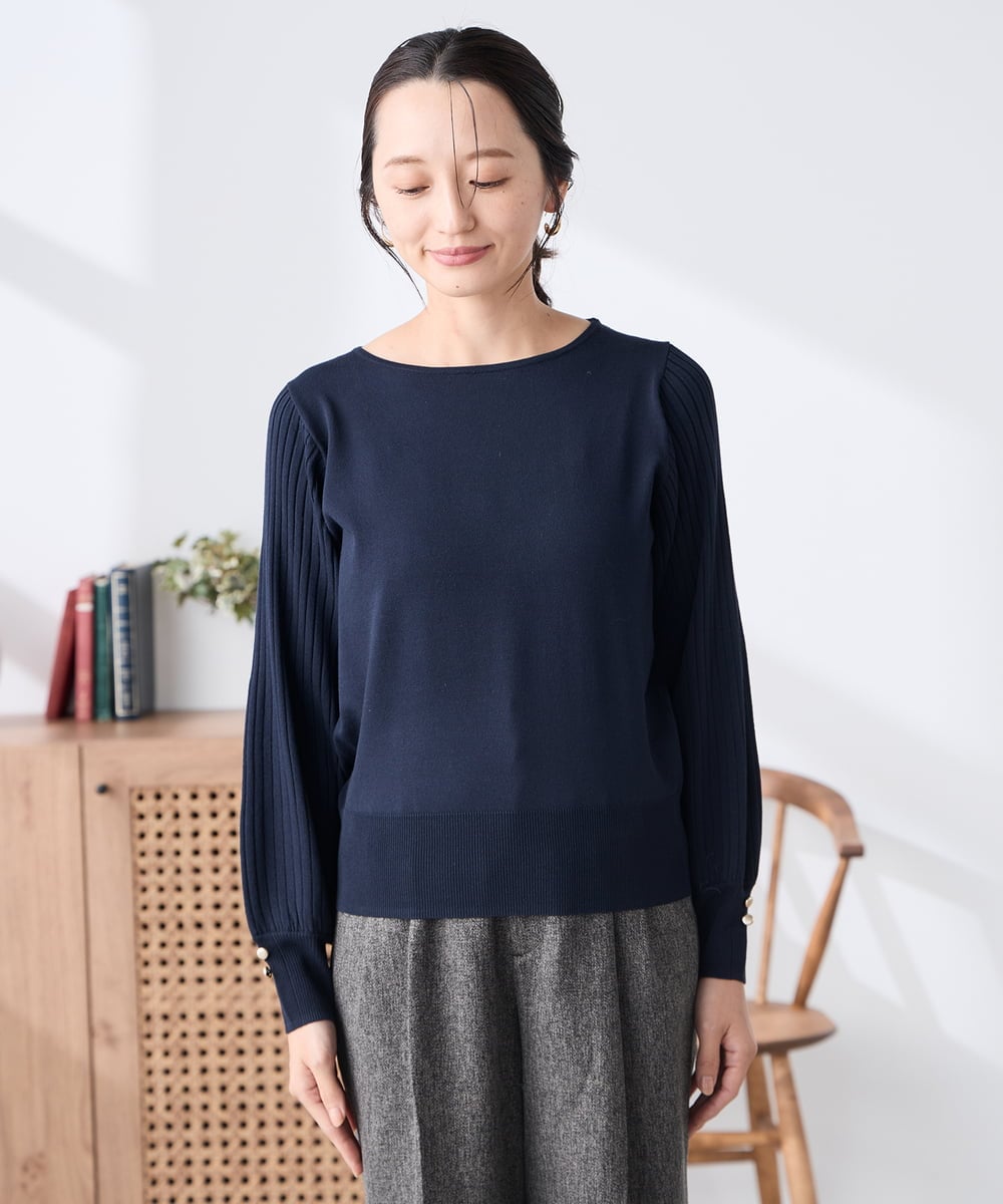 K3FED12044 a.v.v Elmi(アー・ヴェ・ヴェ) 【低身長サイズ】プリーツスリーブニット ネイビー