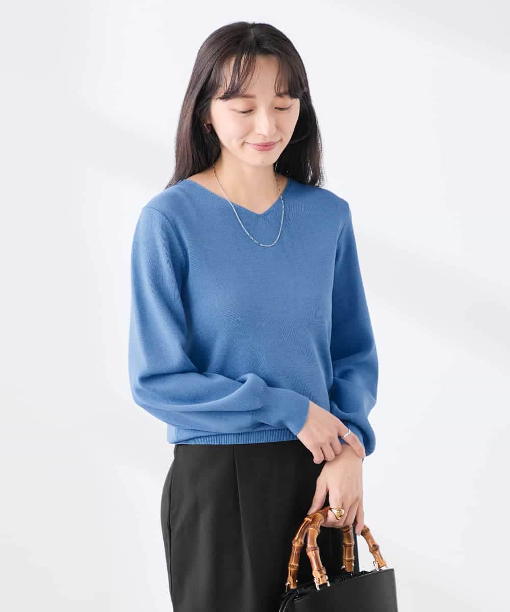 K3FED59039 a.v.v Elmi(アー・ヴェ・ヴェ) 【低身長サイズ】【洗える/UVカット】Vネックパフスリーブニット ライトイエロー