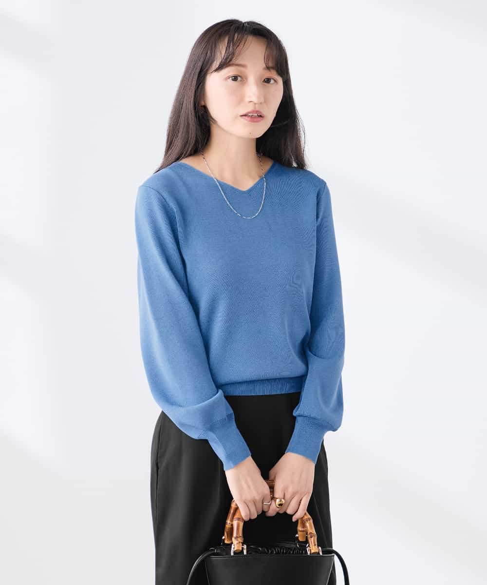 K3FED59039 a.v.v Elmi(アー・ヴェ・ヴェ) 【低身長サイズ】【洗える/UVカット】Vネックパフスリーブニット ライトイエロー