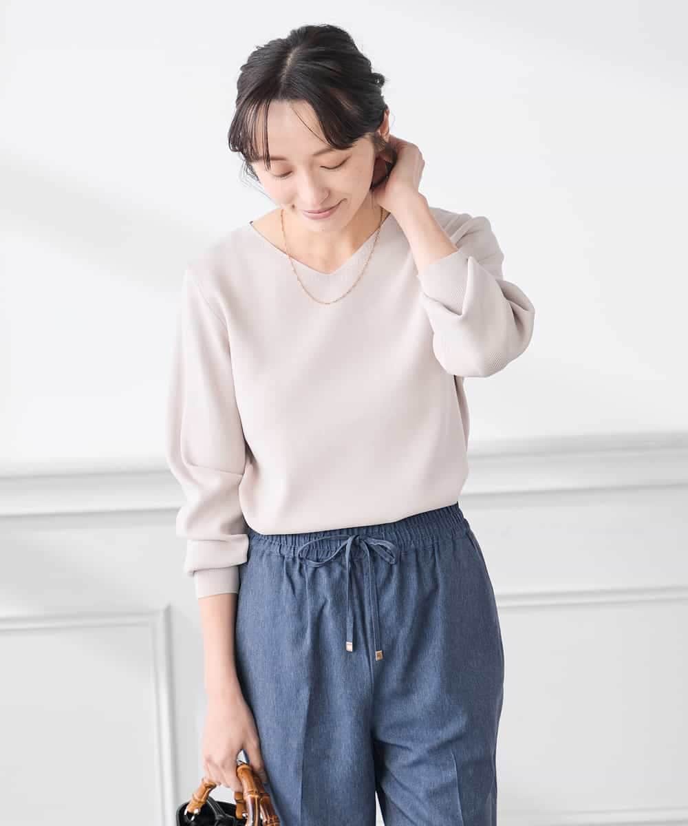 K3FED59039 a.v.v Elmi(アー・ヴェ・ヴェ) 【低身長サイズ】【洗える/UVカット】Vネックパフスリーブニット ライトイエロー