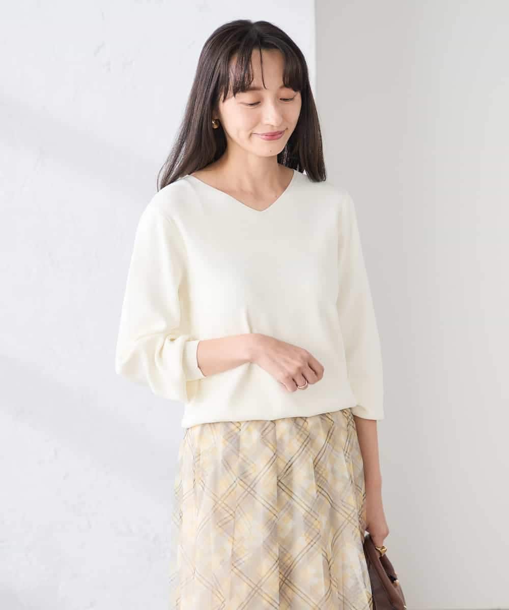 K3FED59039 a.v.v Elmi(アー・ヴェ・ヴェ) 【低身長サイズ】【洗える/UVカット】Vネックパフスリーブニット ライトイエロー