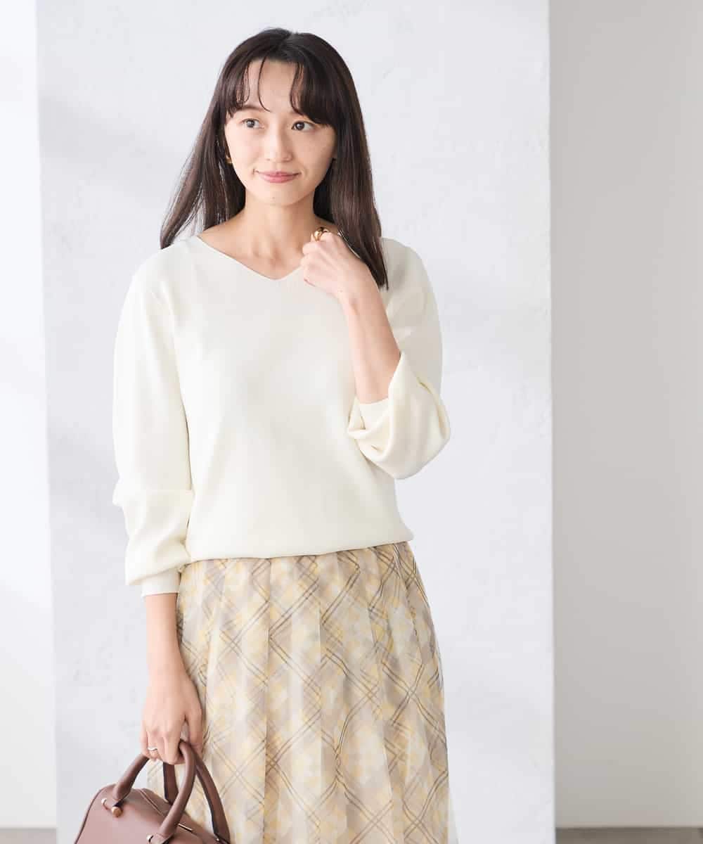 K3FED59039 a.v.v Elmi(アー・ヴェ・ヴェ) 【低身長サイズ】【洗える/UVカット】Vネックパフスリーブニット ライトイエロー