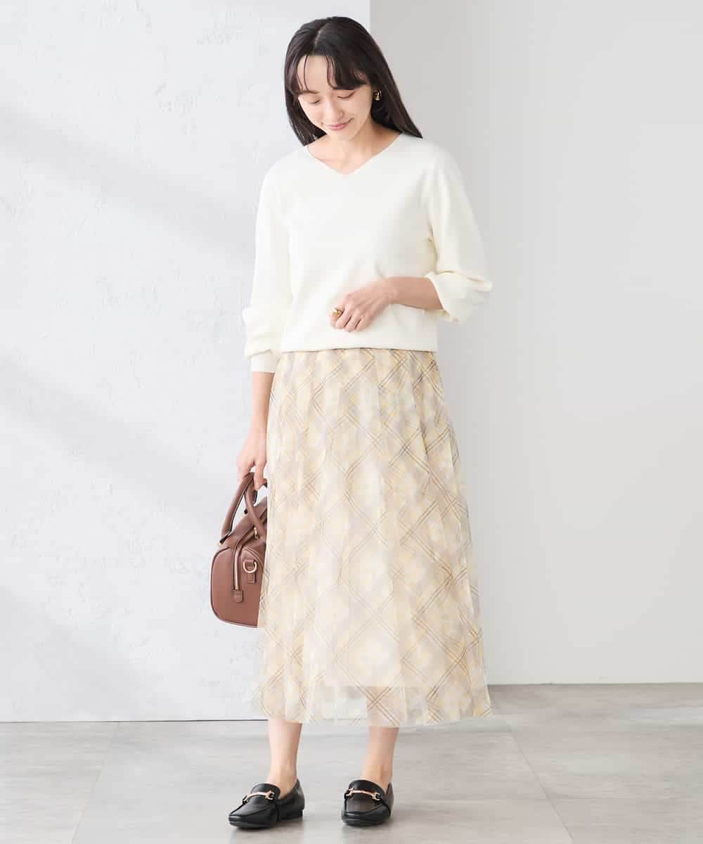 K3FED59039 a.v.v Elmi(アー・ヴェ・ヴェ) 【低身長サイズ】【洗える/UVカット】Vネックパフスリーブニット ライトイエロー