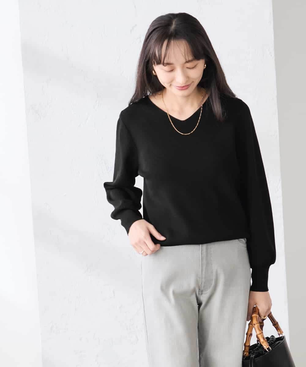 K3FED59039 a.v.v Elmi(アー・ヴェ・ヴェ) 【低身長サイズ】【洗える/UVカット】Vネックパフスリーブニット ライトイエロー