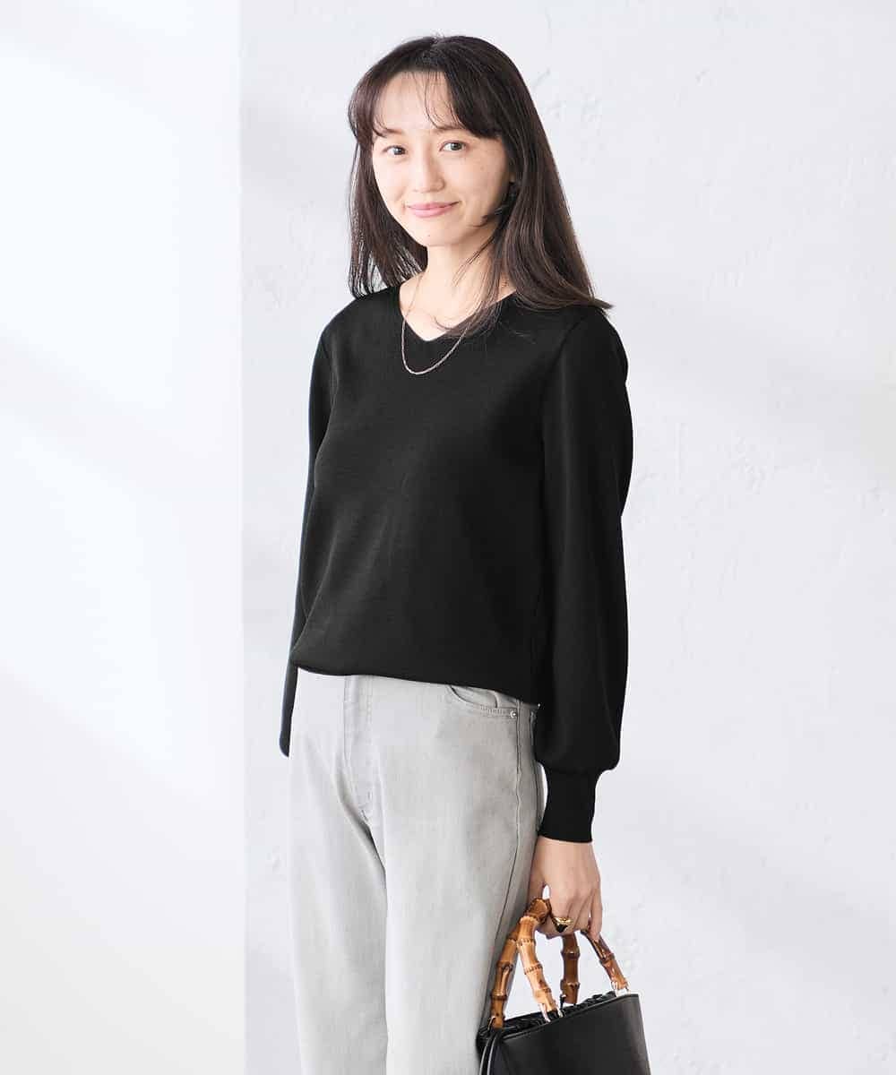 K3FED59039 a.v.v Elmi(アー・ヴェ・ヴェ) 【低身長サイズ】【洗える/UVカット】Vネックパフスリーブニット ライトイエロー