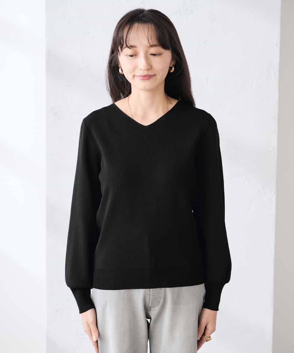 K3FED59039 a.v.v Elmi(アー・ヴェ・ヴェ) 【低身長サイズ】【洗える/UVカット】Vネックパフスリーブニット ライトイエロー