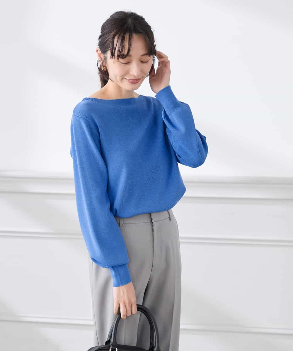 K3FED69039 a.v.v Elmi(アー・ヴェ・ヴェ) 【低身長サイズ】【WEB限定/洗える/UVカット】ボートネックパフスリーブニット ライトイエロー