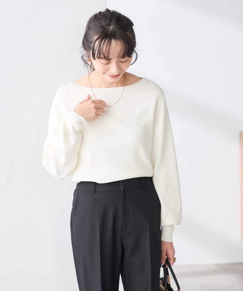 K3FED69039 a.v.v Elmi(アー・ヴェ・ヴェ) 【低身長サイズ】【WEB限定/洗える/UVカット】ボートネックパフスリーブニット ライトイエロー