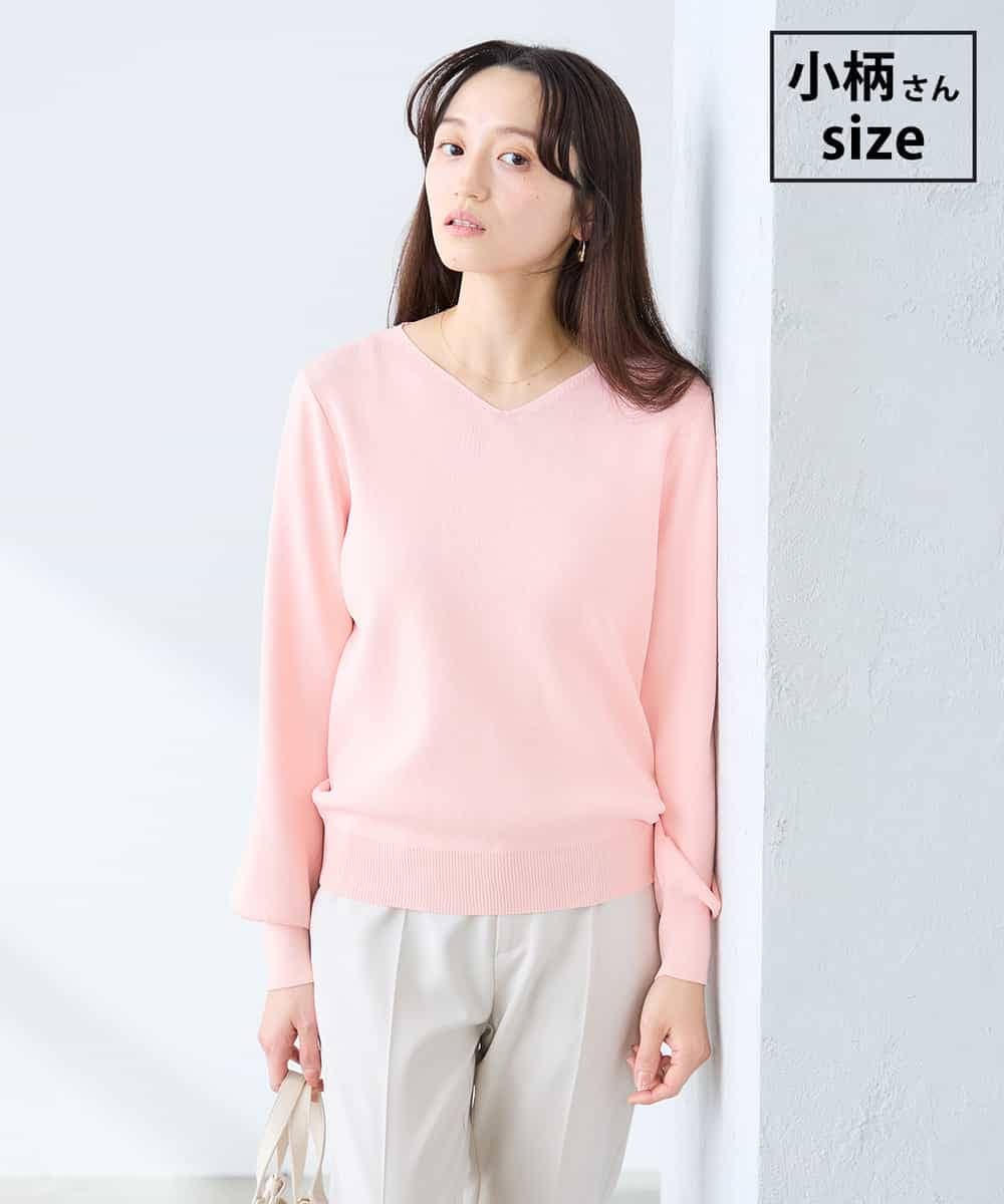 K3FED79039 a.v.v Elmi(アー・ヴェ・ヴェ) 【低身長サイズ】【洗える/UVカット】Vネックパフスリーブニット ピンク