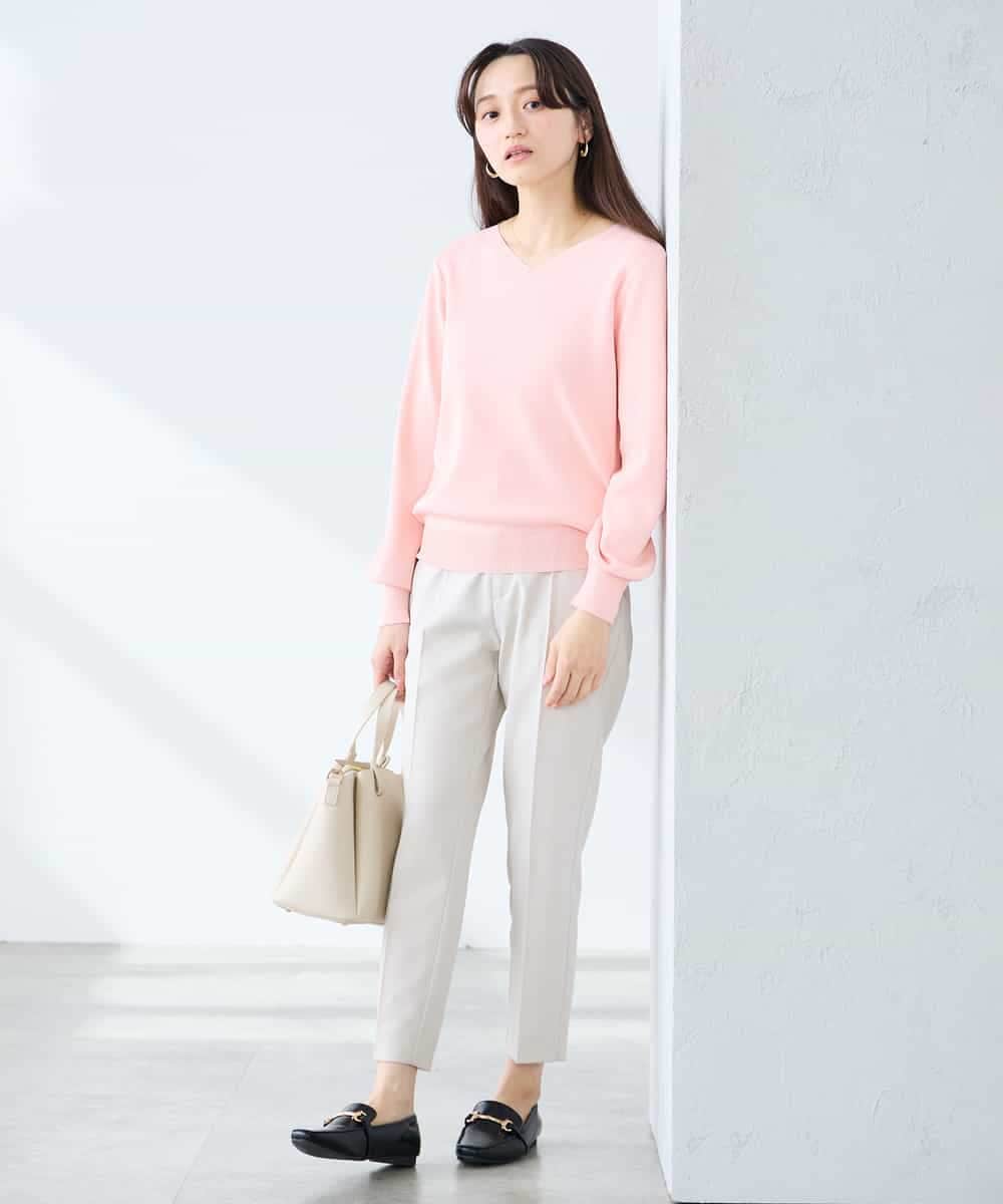 K3FED79039 a.v.v Elmi(アー・ヴェ・ヴェ) 【低身長サイズ】【洗える/UVカット】Vネックパフスリーブニット ピンク