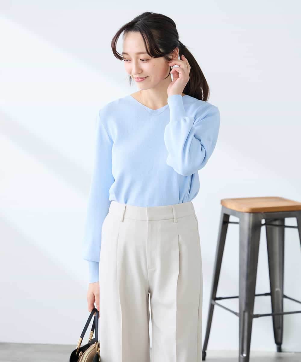 K3FED79039 a.v.v Elmi(アー・ヴェ・ヴェ) 【低身長サイズ】【洗える/UVカット】Vネックパフスリーブニット ピンク