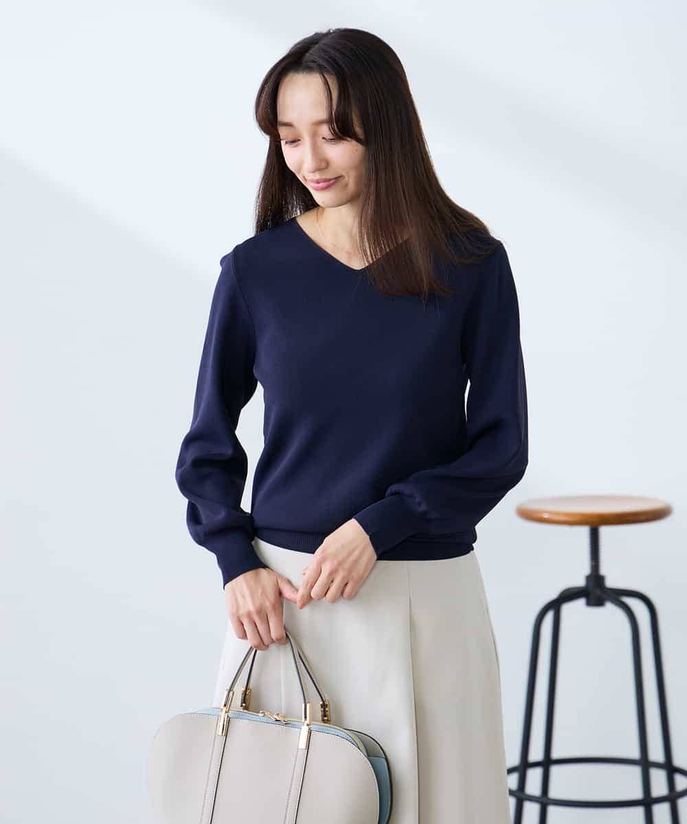 K3FED79039 a.v.v Elmi(アー・ヴェ・ヴェ) 【低身長サイズ】【洗える/UVカット】Vネックパフスリーブニット ピンク