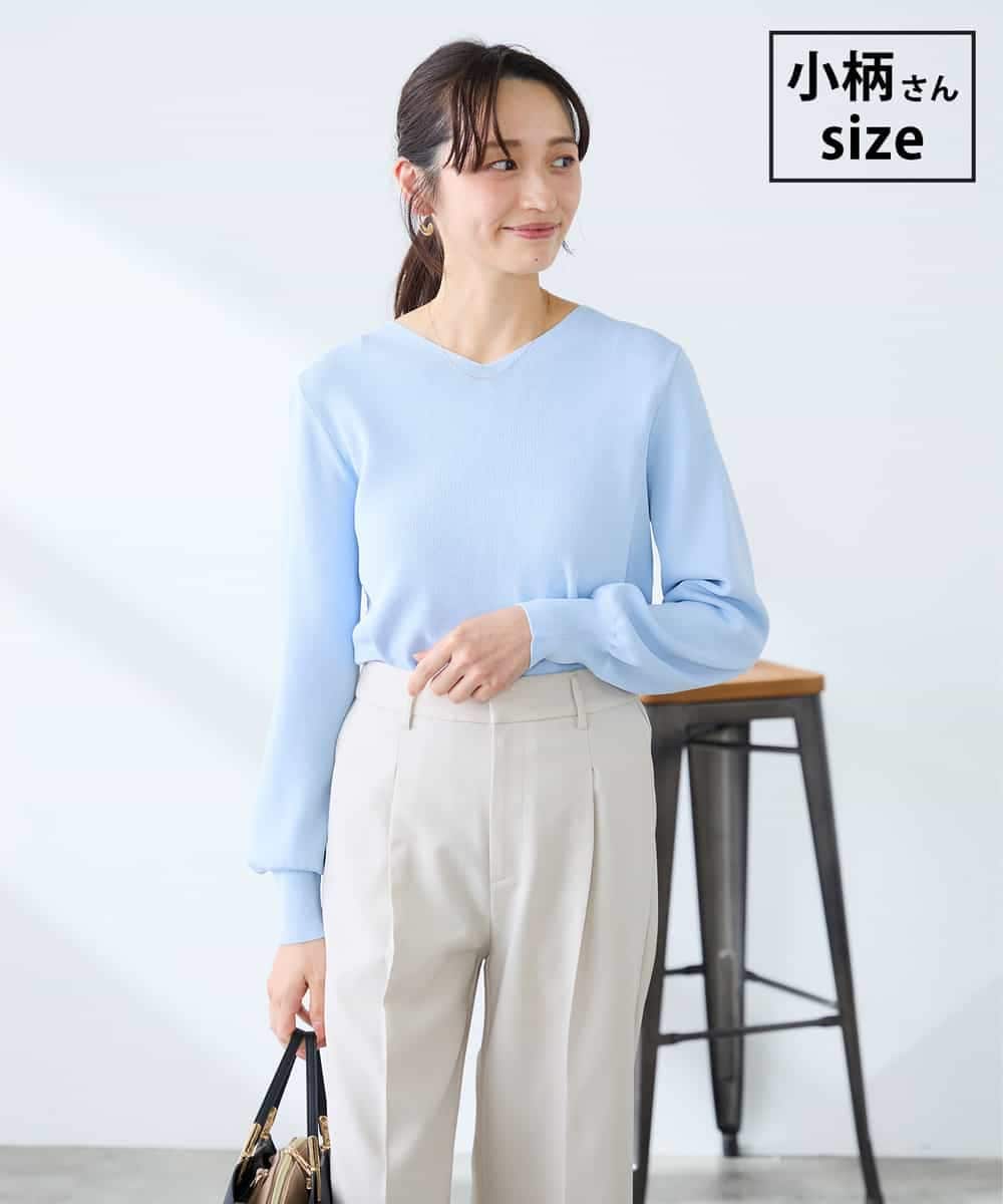 K3FED79039 a.v.v Elmi(アー・ヴェ・ヴェ) 【低身長サイズ】【洗える/UVカット】Vネックパフスリーブニット ライトブルー