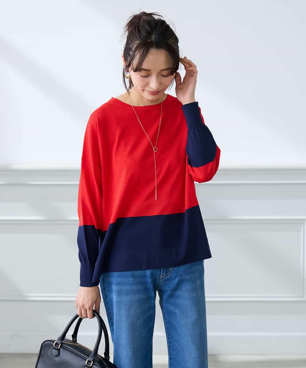 K3FFD18039 a.v.v Elmi(アー・ヴェ・ヴェ) 【低身長サイズ】バイカラーニット レッド×ネイビー