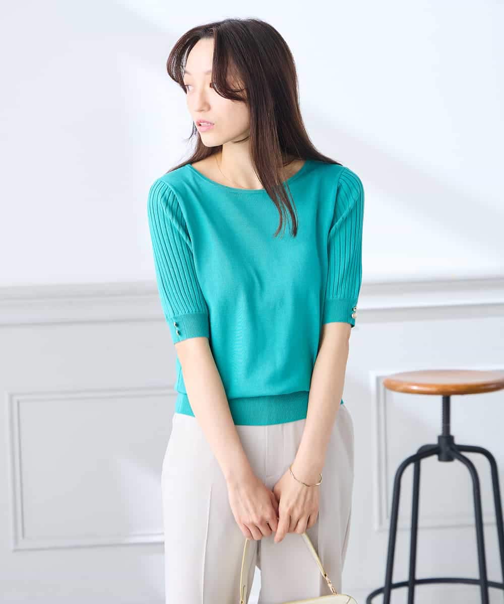 K3FGD12044 a.v.v Elmi(アー・ヴェ・ヴェ) 【低身長サイズ】プリーツスリーブサマーニット【接触冷感/UVカット】 グリーン