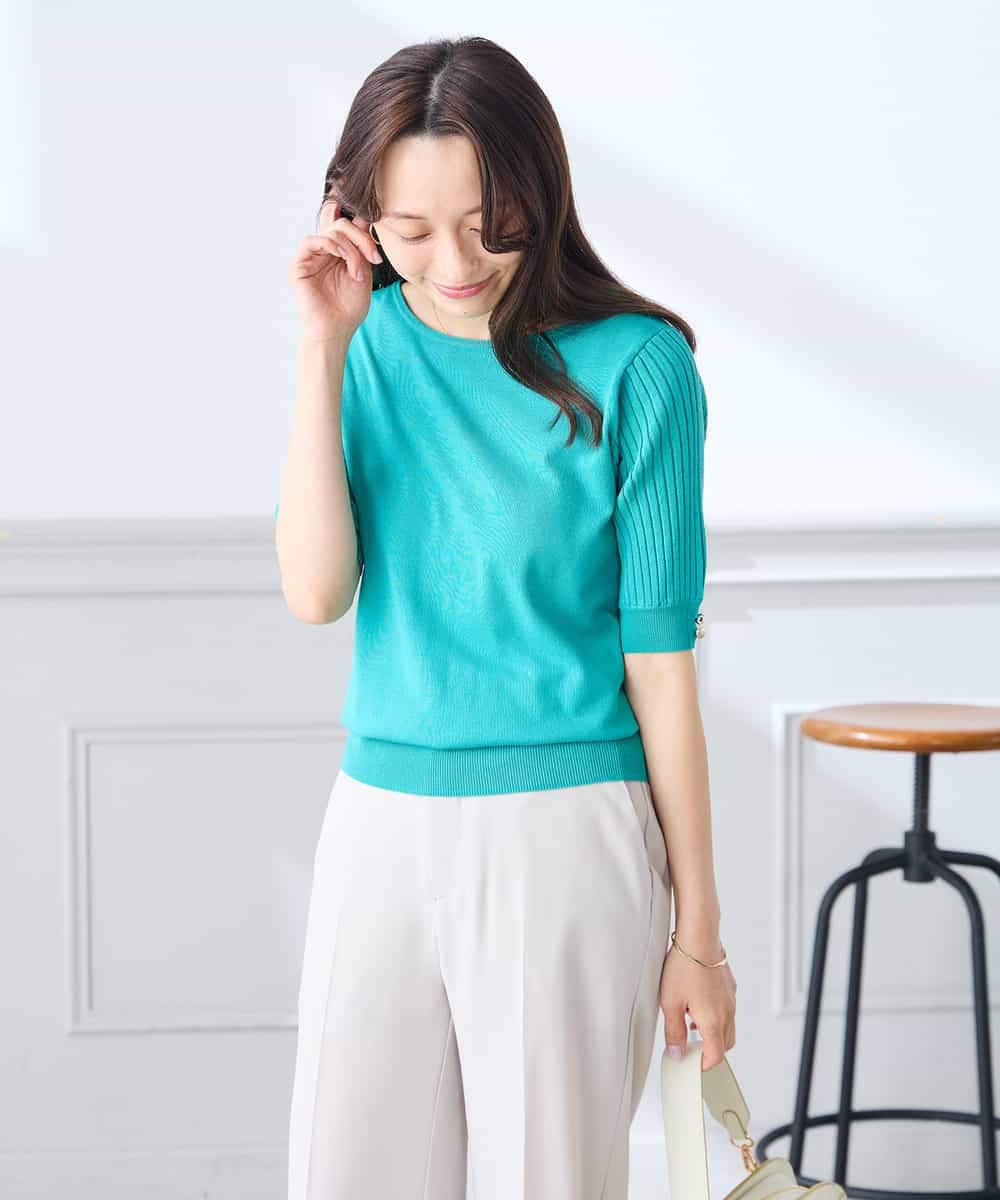 K3FGD12044 a.v.v Elmi(アー・ヴェ・ヴェ) 【低身長サイズ】プリーツスリーブサマーニット【接触冷感/UVカット】 グリーン