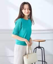 K3FGD12044 a.v.v Elmi(アー・ヴェ・ヴェ) 【低身長サイズ】プリーツスリーブサマーニット【接触冷感/UVカット】 グリーン