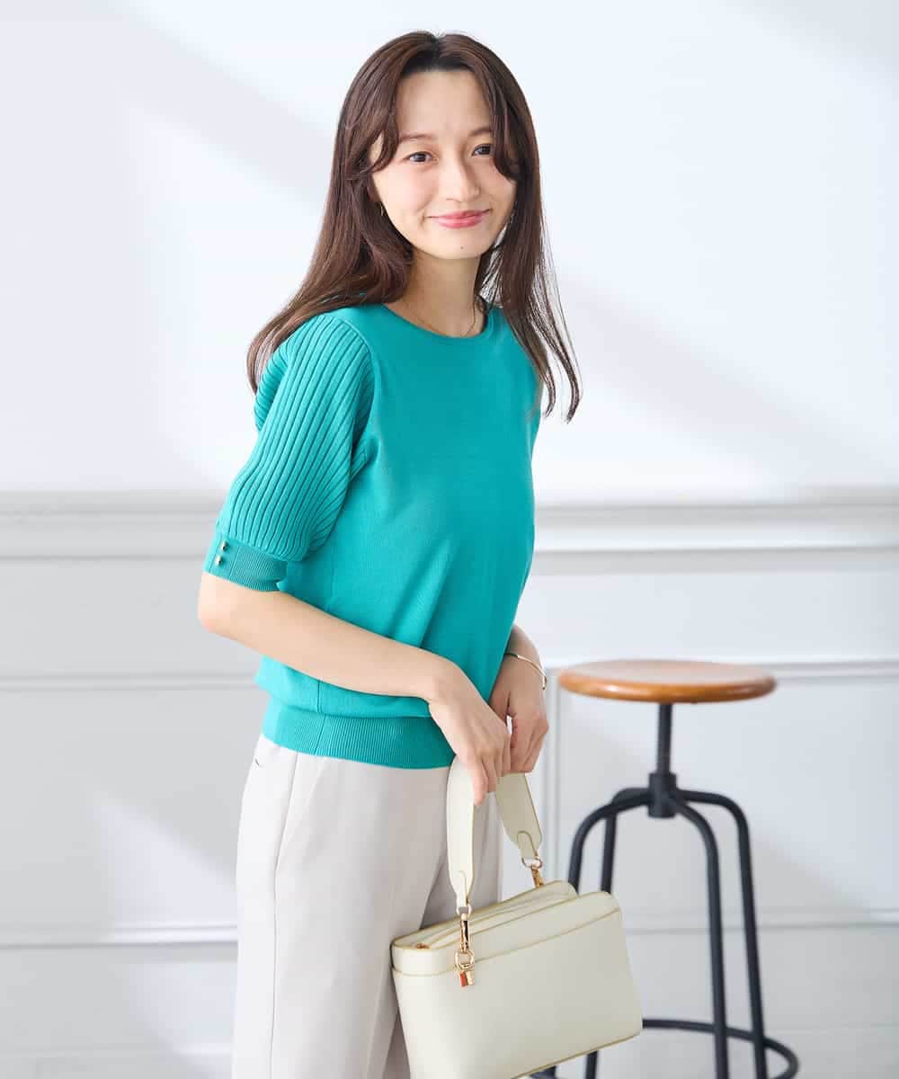 K3FGD12044 a.v.v Elmi(アー・ヴェ・ヴェ) 【低身長サイズ】プリーツスリーブサマーニット【接触冷感/UVカット】 グリーン