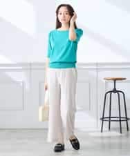 K3FGD12044 a.v.v Elmi(アー・ヴェ・ヴェ) 【低身長サイズ】プリーツスリーブサマーニット【接触冷感/UVカット】 グリーン