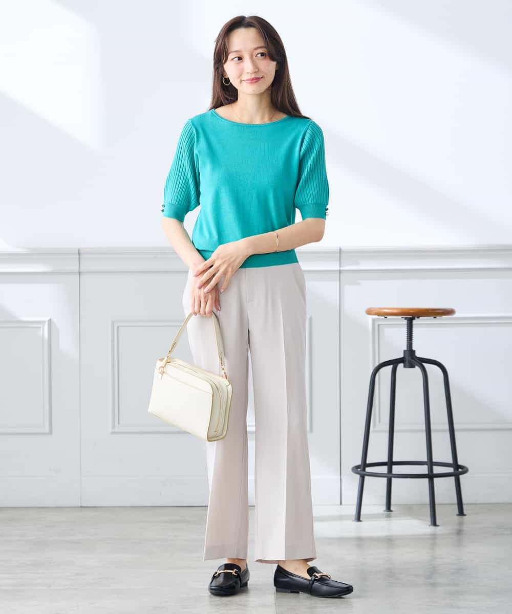 K3FGD12044 a.v.v Elmi(アー・ヴェ・ヴェ) 【低身長サイズ】プリーツスリーブサマーニット【接触冷感/UVカット】 グリーン