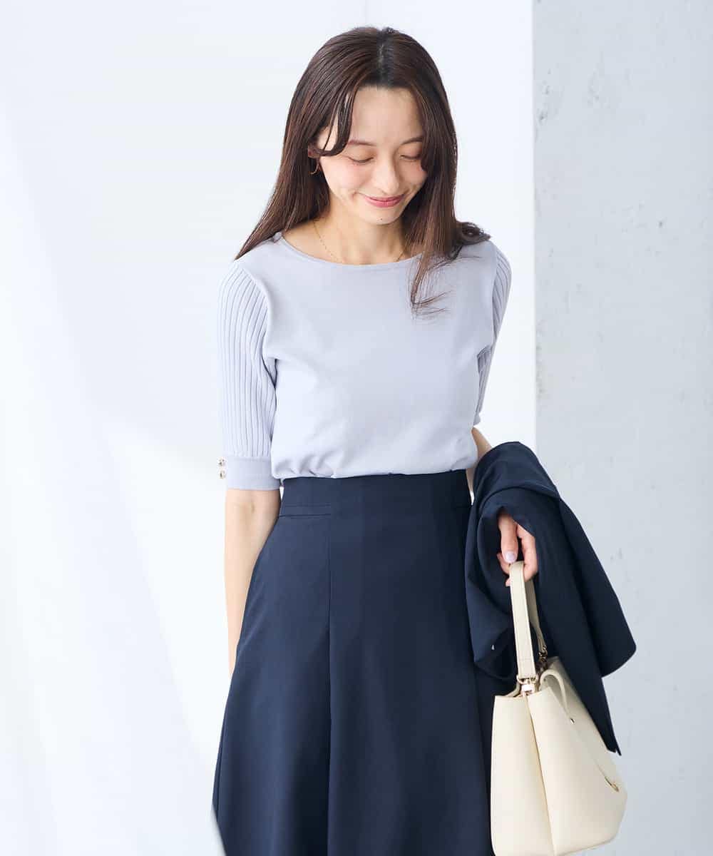 K3FGD12044 a.v.v Elmi(アー・ヴェ・ヴェ) 【低身長サイズ】プリーツスリーブサマーニット【接触冷感/UVカット】 グリーン