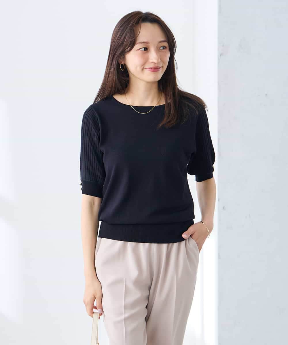 K3FGD12044 a.v.v Elmi(アー・ヴェ・ヴェ) 【低身長サイズ】プリーツスリーブサマーニット【接触冷感/UVカット】 グリーン