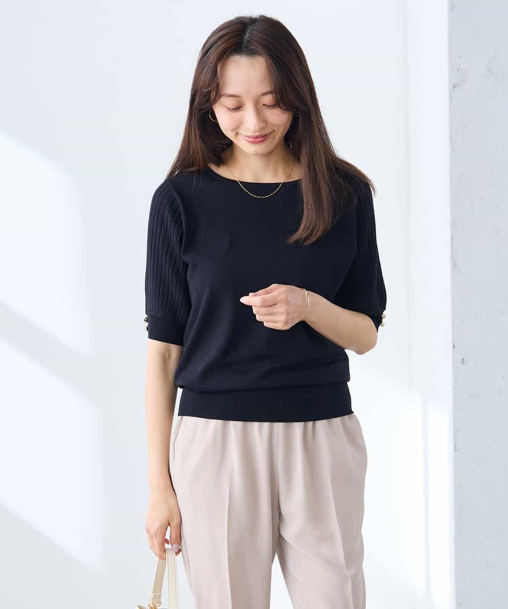 K3FGD12044 a.v.v Elmi(アー・ヴェ・ヴェ) 【低身長サイズ】プリーツスリーブサマーニット【接触冷感/UVカット】 グリーン