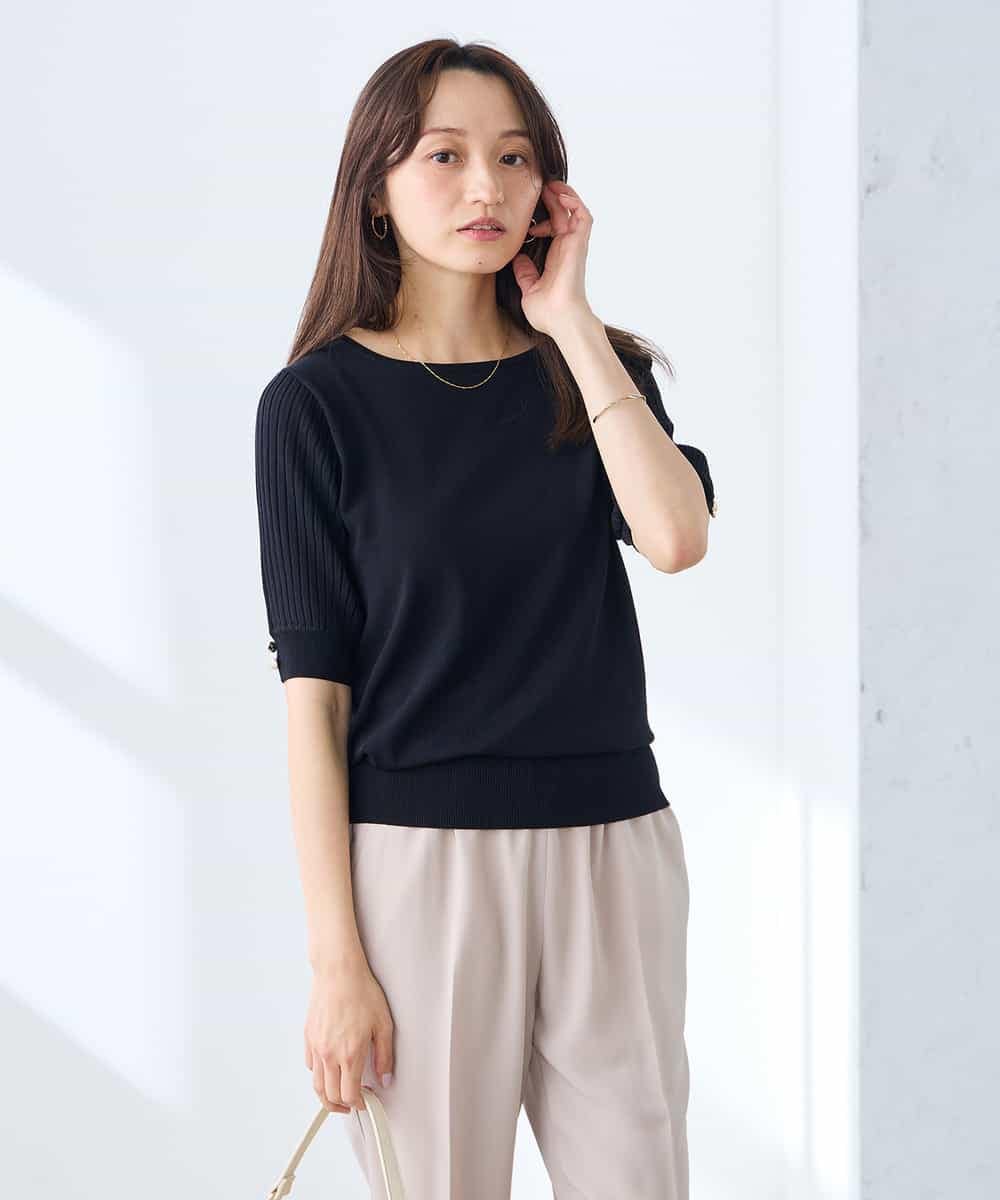 K3FGD12044 a.v.v Elmi(アー・ヴェ・ヴェ) 【低身長サイズ】プリーツスリーブサマーニット【接触冷感/UVカット】 グリーン