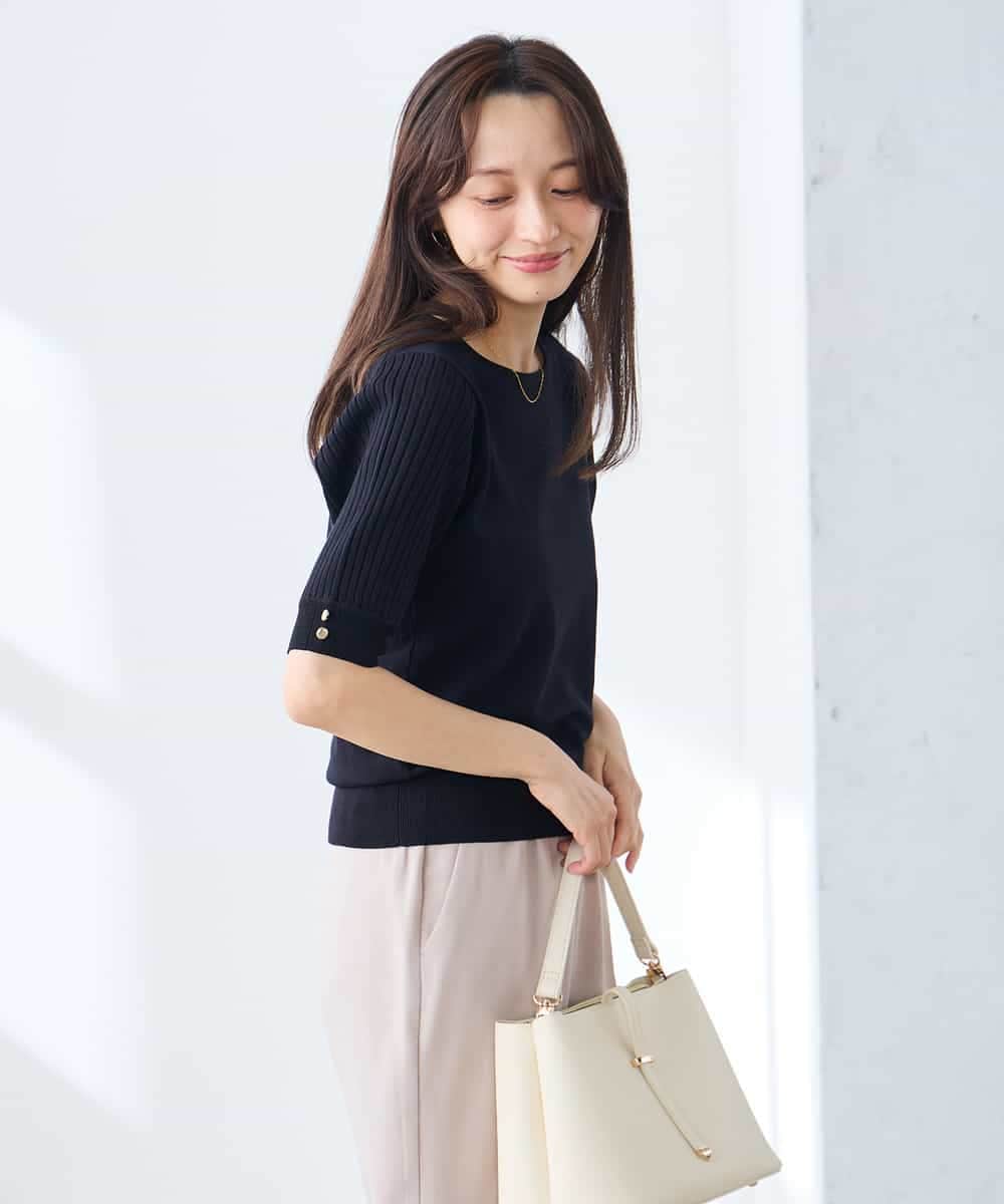 K3FGD12044 a.v.v Elmi(アー・ヴェ・ヴェ) 【低身長サイズ】プリーツスリーブサマーニット【接触冷感/UVカット】 グリーン