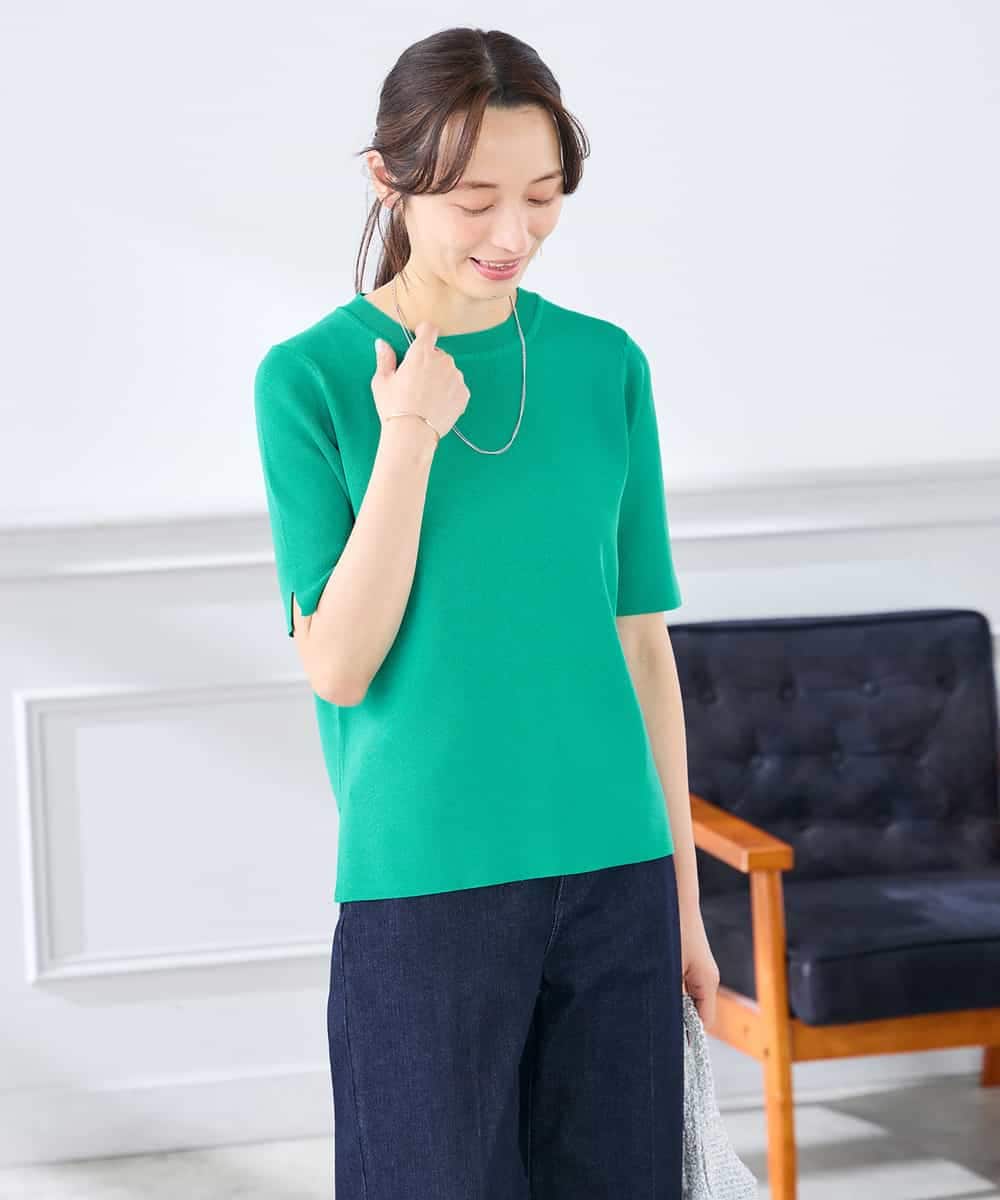 K3FGD20039 a.v.v Elmi(アー・ヴェ・ヴェ) 【低身長サイズ】ハーフスリーブクルーネックサマーニット【洗える/接触冷感/UVカット】 グリーン