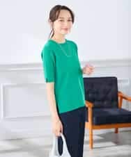 K3FGD20039 a.v.v Elmi(アー・ヴェ・ヴェ) 【低身長サイズ】ハーフスリーブクルーネックサマーニット【洗える/接触冷感/UVカット】 グリーン