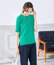K3FGD20039 a.v.v Elmi(アー・ヴェ・ヴェ) 【低身長サイズ】ハーフスリーブクルーネックサマーニット【洗える/接触冷感/UVカット】 グリーン