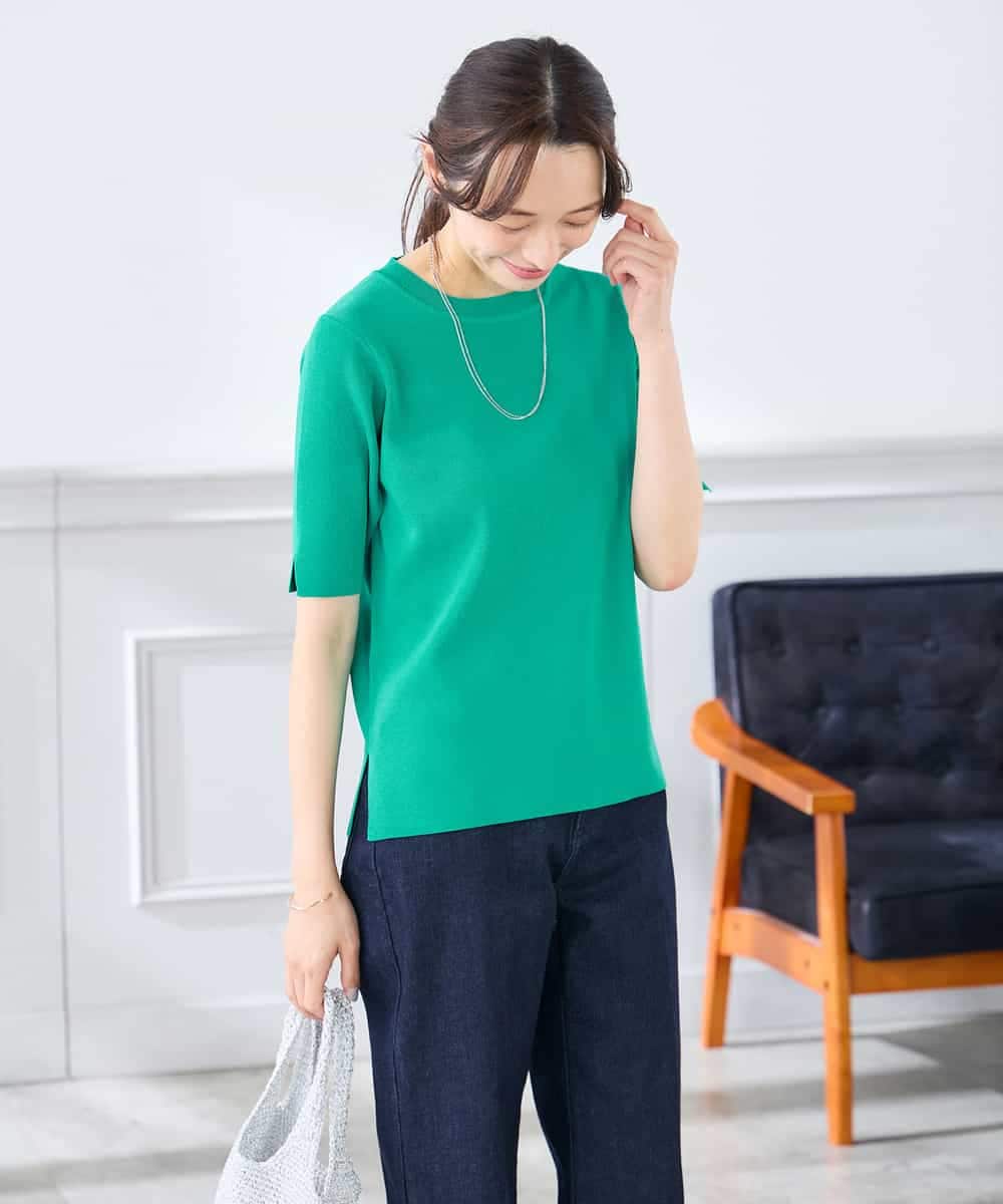 K3FGD20039 a.v.v Elmi(アー・ヴェ・ヴェ) 【低身長サイズ】ハーフスリーブクルーネックサマーニット【洗える/接触冷感/UVカット】 グリーン