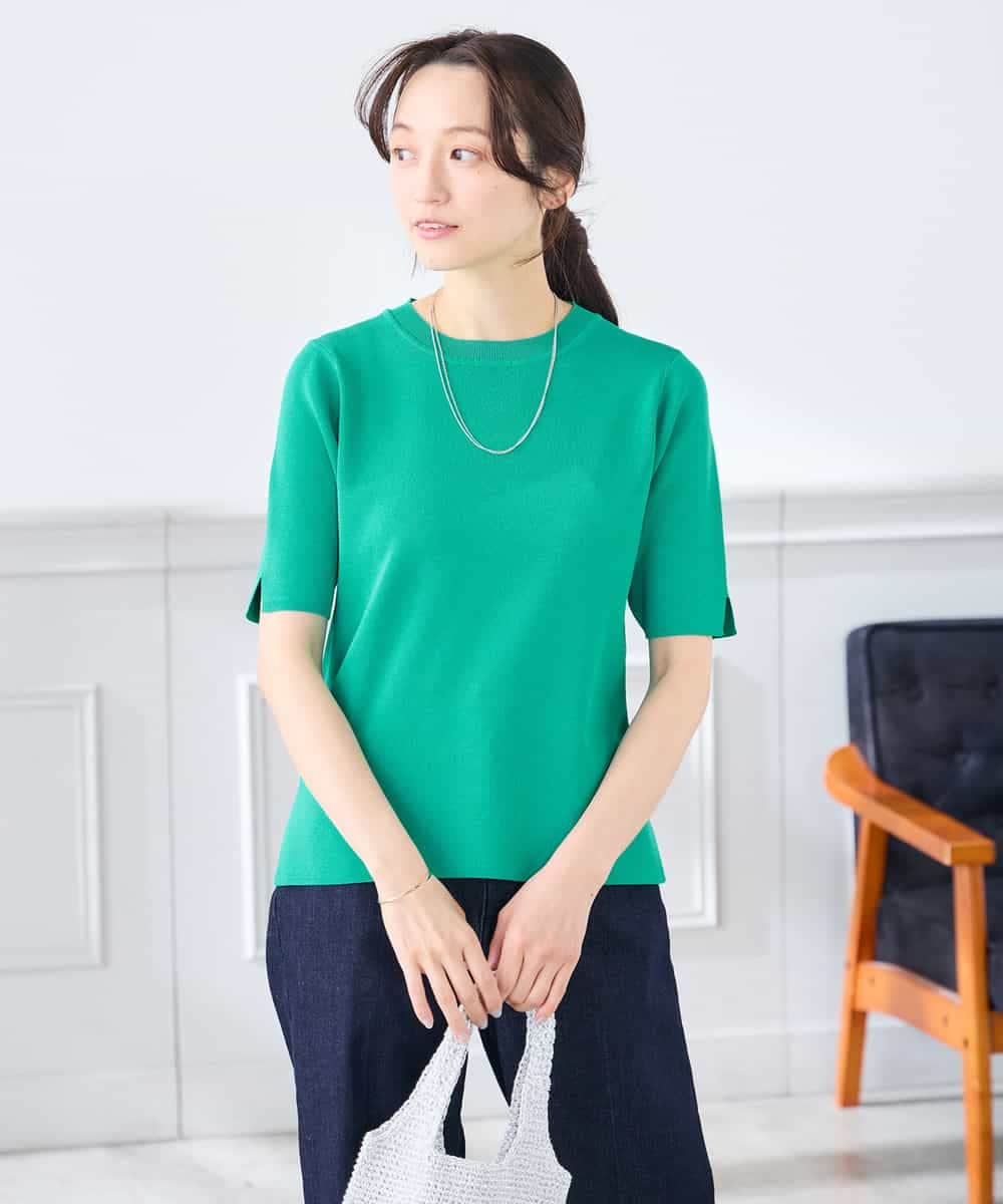 K3FGD20039 a.v.v Elmi(アー・ヴェ・ヴェ) 【低身長サイズ】ハーフスリーブクルーネックサマーニット【洗える/接触冷感/UVカット】 グリーン