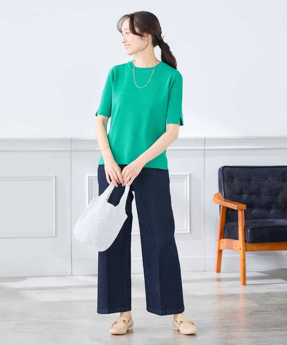 K3FGD20039 a.v.v Elmi(アー・ヴェ・ヴェ) 【低身長サイズ】ハーフスリーブクルーネックサマーニット【洗える/接触冷感/UVカット】 グリーン