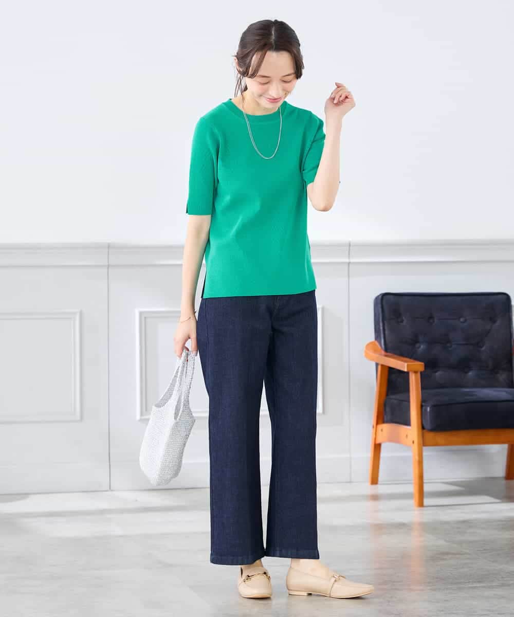 K3FGD20039 a.v.v Elmi(アー・ヴェ・ヴェ) 【低身長サイズ】ハーフスリーブクルーネックサマーニット【洗える/接触冷感/UVカット】 グリーン