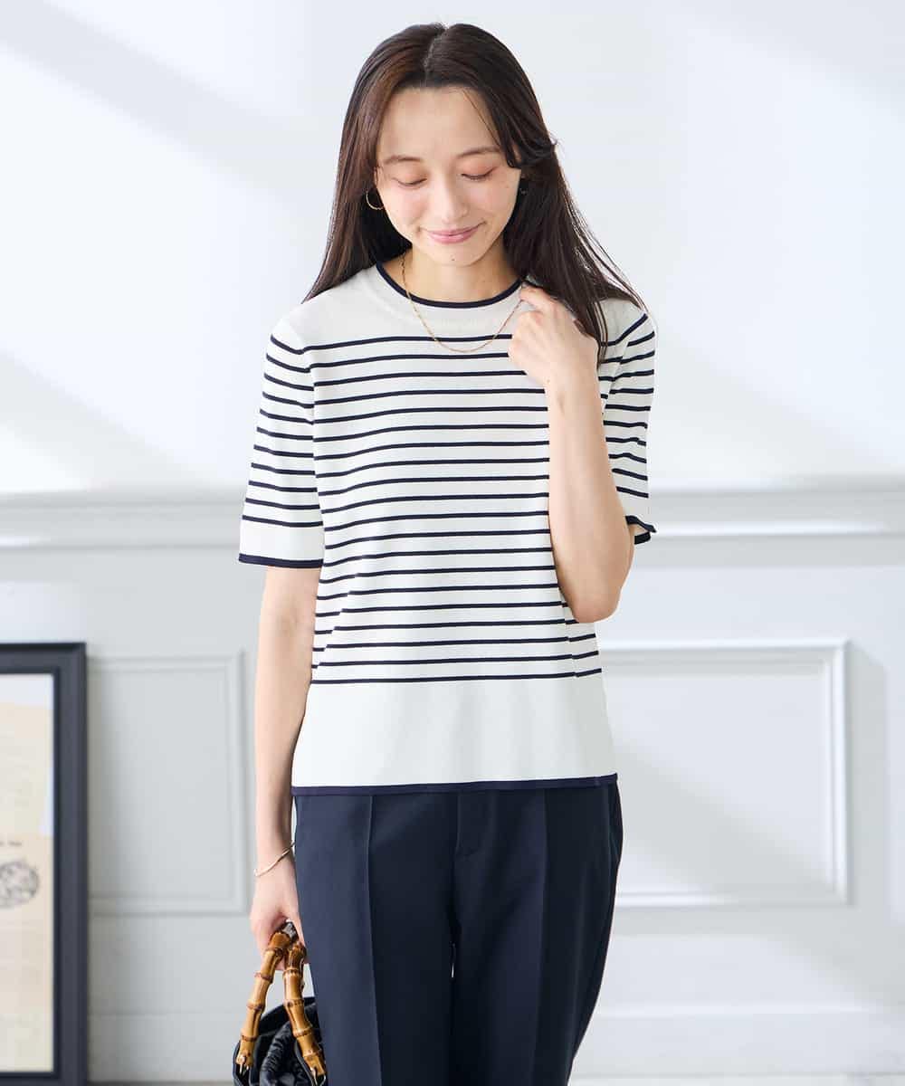 K3FGD20039 a.v.v Elmi(アー・ヴェ・ヴェ) 【低身長サイズ】ハーフスリーブクルーネックサマーニット【洗える/接触冷感/UVカット】 グリーン